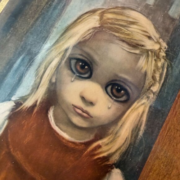 Vintage 1960s Gift - “Big Eyes” Girl Reproduction Art Print on Wood Plaque - Picture 5 of 12